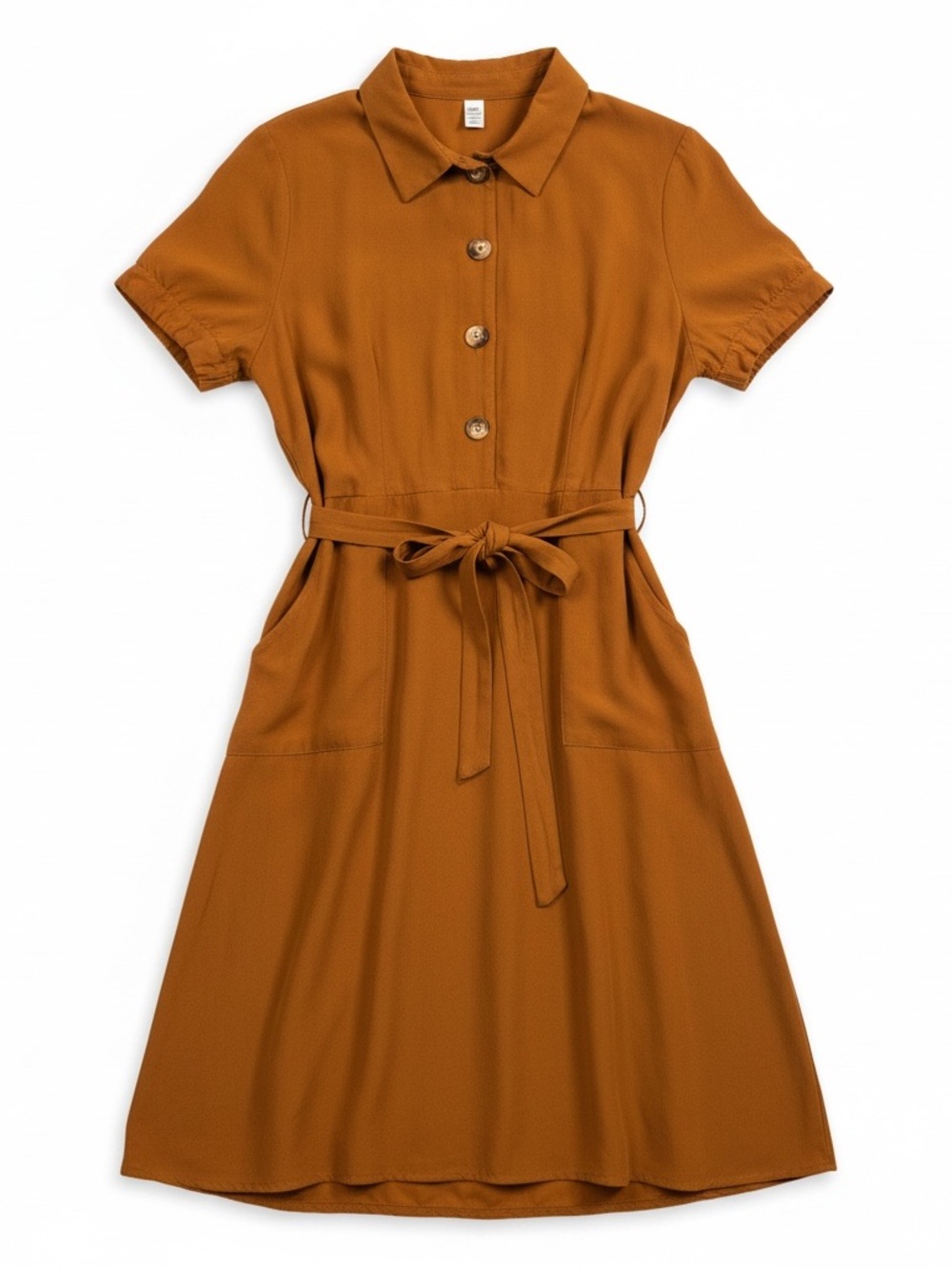 Monteau Women’s Rust Brown Button-Front Midi Dress with Tie Belt Large